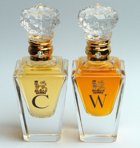 The bespoke perfume bottles presented to Catherine and Prince William on their wedding day. The his and hers matched pair of Clive Christian No. 1 Perfumes with gold etched initials for Catherine and William. The perfume bottles are hand-cut crystal with a brilliant-cut diamond solitaire embedded in them. A “C” is etched in gold on the women’s, and a “W” on the men’s—a gift fit for a royal pair.
